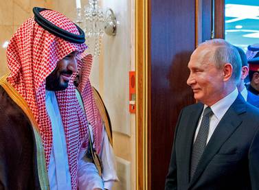 A handout picture provided by the Saudi Royal Palace shows Saudi Crown Prince Mohammed bin Salman (L) meeting with Russian President Vladimir Putin in Riyadh, Saudi Arabia, on October 14, 2019. - RESTRICTED TO EDITORIAL USE - MANDATORY CREDIT "AFP PHOTO / SAUDI ROYAL PALACE / BANDAR AL-JALOUD" - NO MARKETING - NO ADVERTISING CAMPAIGNS - DISTRIBUTED AS A SERVICE TO CLIENTS / AFP / Saudi Royal Palace / Bandar AL-JALOUD / RESTRICTED TO EDITORIAL USE - MANDATORY CREDIT "AFP PHOTO / SAUDI ROYAL PALACE / BANDAR AL-JALOUD" - NO MARKETING - NO ADVERTISING CAMPAIGNS - DISTRIBUTED AS A SERVICE TO CLIENTS