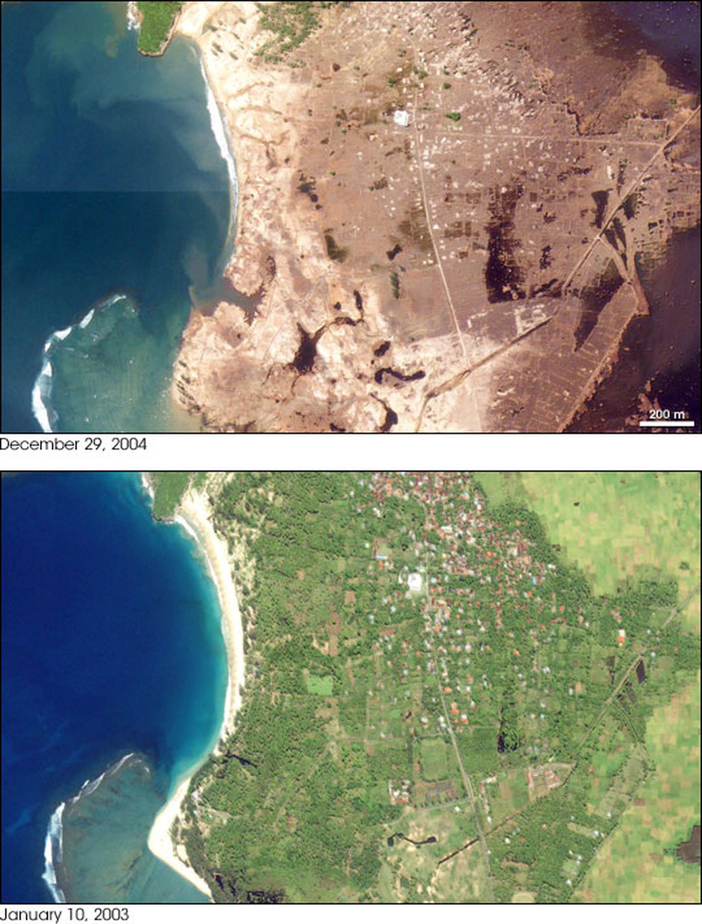 The 2004 Indian Ocean earthquake and tsunamis killed nearly 230,000 people. Here, a satellite image shows Indonesian town of Lhoknga destroyed by the natural disaster on December 26, 2004. Photo: Nasa