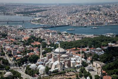 ISTANBUL, TURKEY - JUNE 20:  Istanbul's famous Hagia Sofia is seen during a Kaan Air helisightseeing tour on June 20, 2018 in Istanbul, Turkey. Presidential candidates from all parties are holding campaign rallies across Turkey a week ahead of the countries June 24, parliamentary and presidential elections.  (Photo by Chris McGrath/Getty Images)