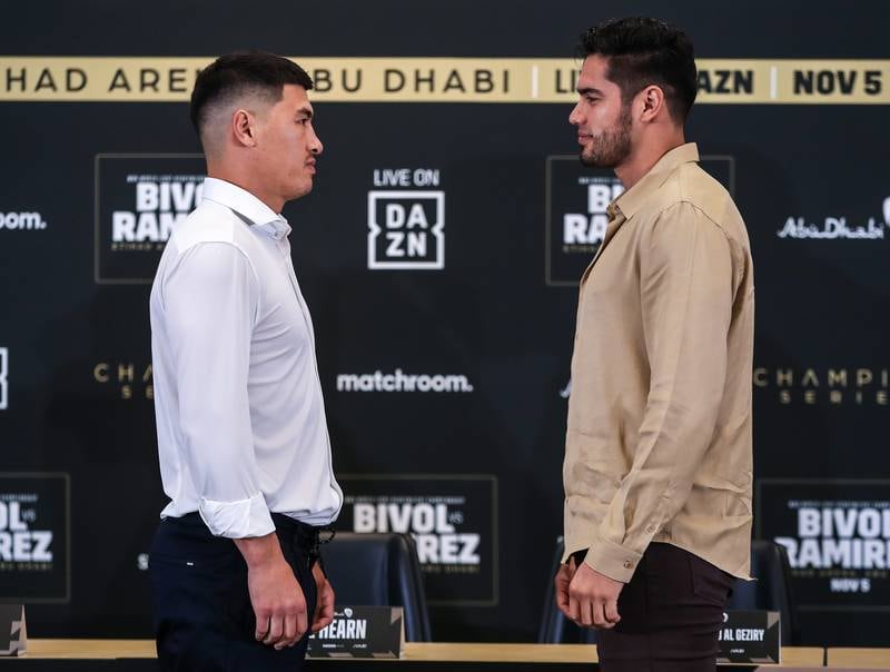 Undefeated light heavyweight champion Dmitry Bivol, left, is putting his title on the line against Gilberto "Zurdo" Ramirez at Etihad Arena on November 5. All images by Victor Besa / The National