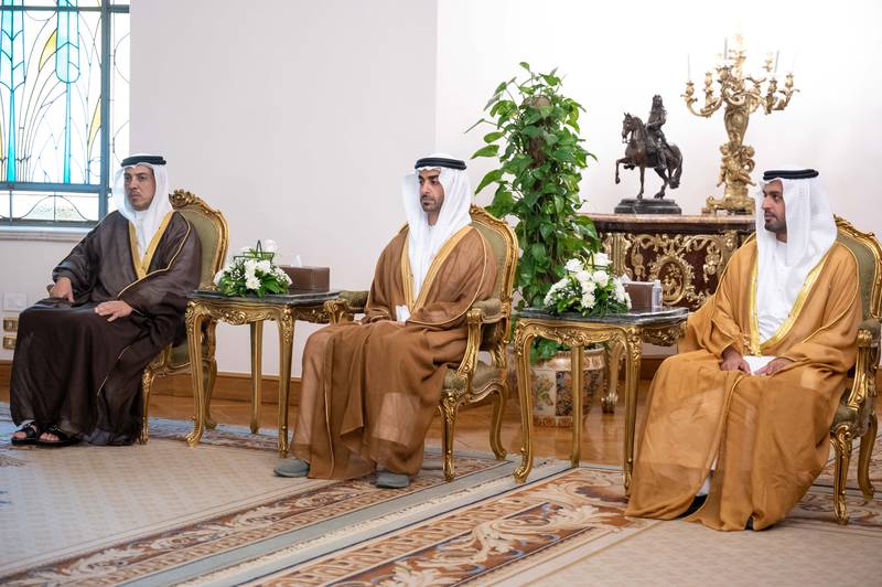 Sheikh Mansour, with Sheikh Mohamed bin Hamad, Private Affairs Adviser in the Ministry of Presidential Affairs, and Sheikh Hamdan bin Mohamed at a meeting with Mr El Sisi at the Heliopolis Palace. Rashed Al Mansoori / Ministry of Presidential Affairs