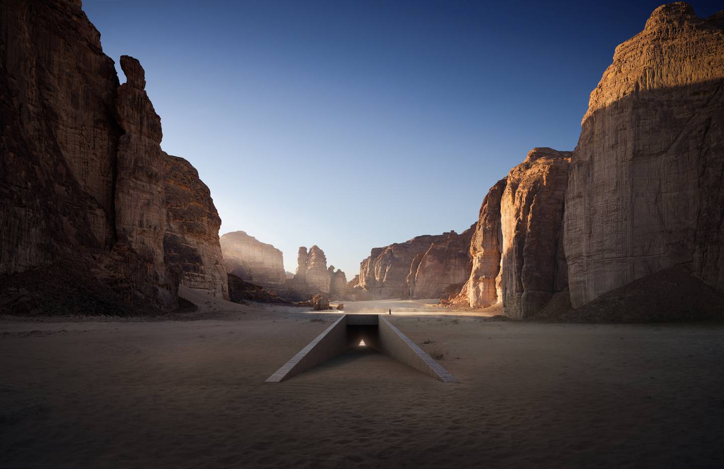 In the commission Wadi AlFann by Ahmed Mater, the visitor enters the work through a tunnel.  Two parabolic mirrors then project a mirage of him upwards onto the valley floor.  Photo: Athr Gallery
