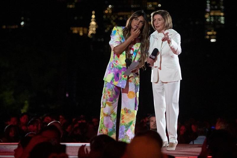 Priyanka Chopra Jonas (L) and Speaker of the United States House of Representatives Nancy Pelosi (R) share a moment off broadcast before speaking to the audience  during the Global Citizen Festival in New York, New York, USA, 24 September 2022.   EPA / SARAH YENESEL