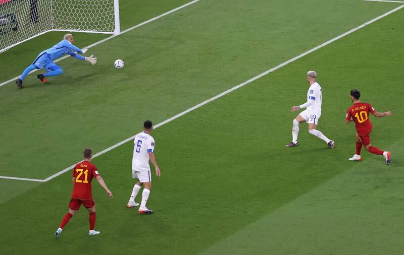 Marco Asensio of Spain scores their second goal. EPA 