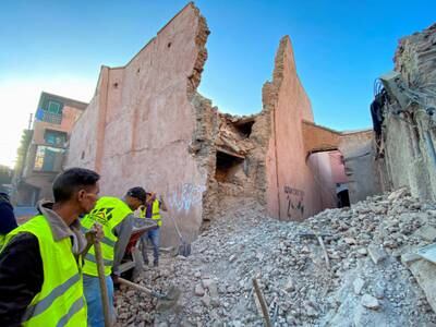 People work to clear debris in the historic city of Marrakesh after a 6.8-magnitude earthquake in Morocco. Reuters