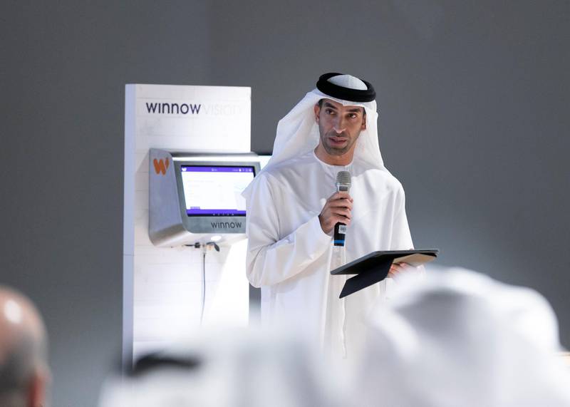 DUBAI, UNITED ARAB EMIRATES. 02 SEPTEMBER 2019. His Excellency Dr. Thani Ahmed Al Zeyoudi, Minister of Climate Change and Environment.Ministry of Environment’s announces the AI Winnow Vision food technology. The AI-powered bin aims to cut down on food waste. It is made by UK technology startup Winnow Vision. The bin uses a camera and smart scales to keep track of what types of food are being thrown away too often, helping restaurants to save money, and the environment. The new smart bin applies machine learning to the problem of waste by recognising different foods after some assistance from kitchen staff in the initial stages.(Photo: Reem Mohammed/The National)Reporter:Section: