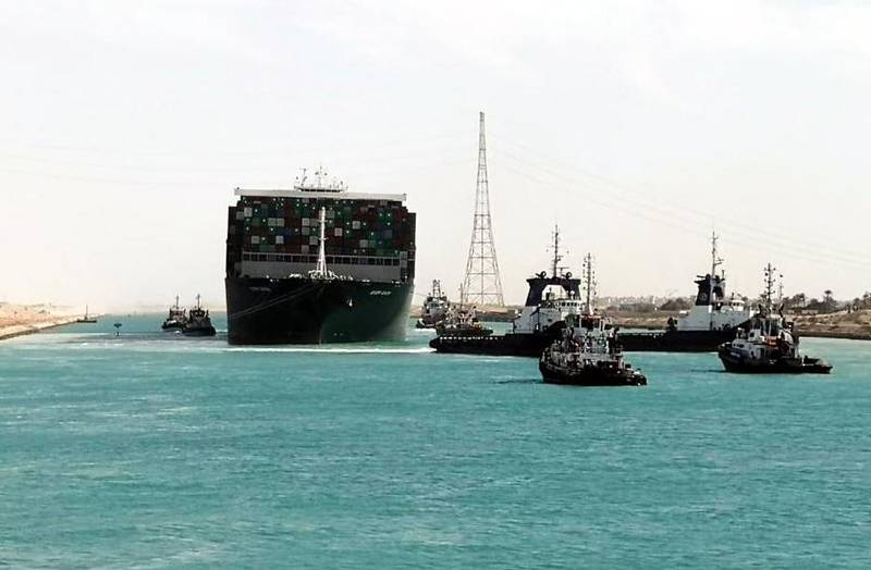 A handout photograph made available by the Suez Canal Authority shows the Ever Given container ship after it was refloated in the Suez Canal, Egypt. The head of the Suez Canal Authority announced on 29 March that the large container ship, which ran aground in the Suez Canal on 23 March, is now free floating after responding to the pulling maneuvers.  EPA