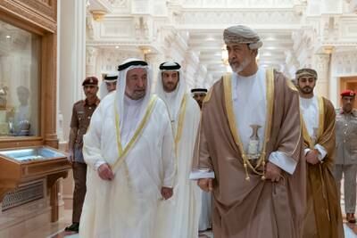 Sultan Haitham bin Tariq of Oman receives Sheikh Dr Sultan bin Muhammad Al Qasimi, Ruler of Sharjah, on September 26 at Al Baraka Palace in Muscat. All photos: Wam