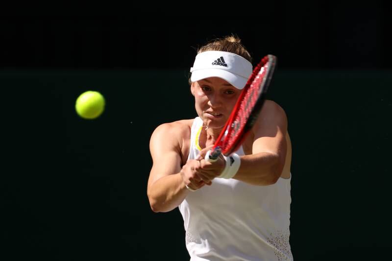 Elena Rybakina plays a backhand against Ons Jabeur. Getty