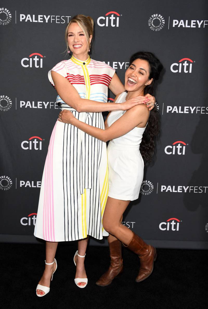 Canadian actress Tori Anderson, left, and Yasmine Al-Bustami attend the 39th Annual PaleyFest 'A Salute to the NCIS Universe' celebrating 'NCIS', 'NCIS: Los Angeles' and 'NCIS: Hawai’i' at the Dolby Theatre in Hollywood, California. AFP