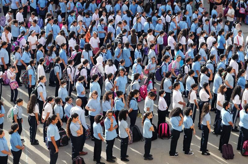 Schoolgirls at the morning assembly on the first day of school in Cairo, Egypt. EPA
