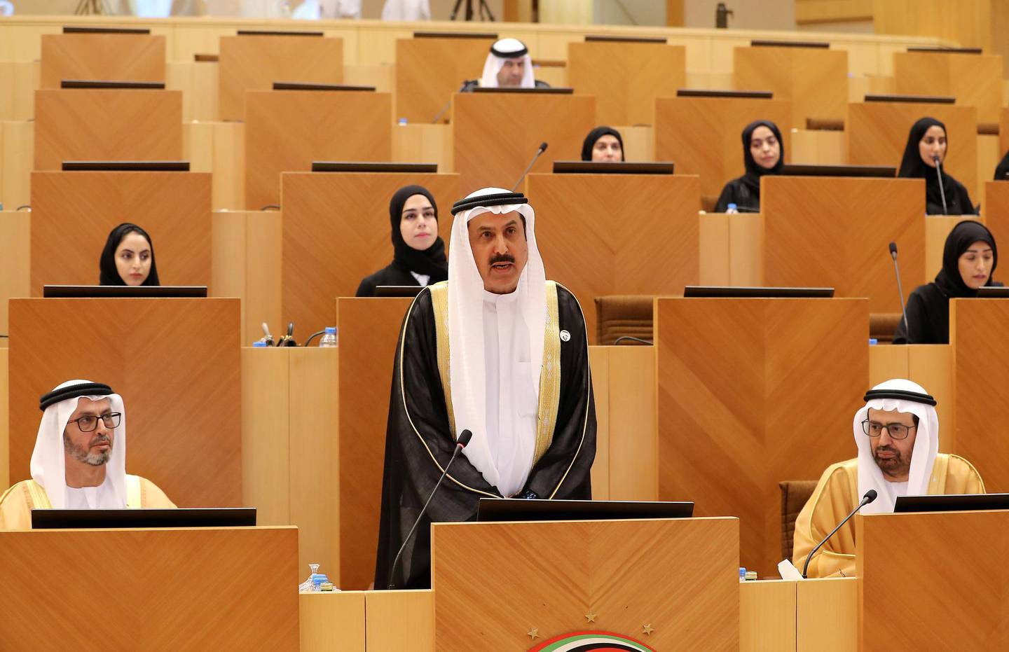 ABU DHABI , UNITED ARAB EMIRATES , Nov 14 – 2019 :-  Saqr Bin Ghubash Saeed Ghubash , new speaker of the Federal National Council during the first meeting of the Federal National Council session held at FNC office in Abu Dhabi. ( Pawan Singh / The National )  For News. Story by Haneen