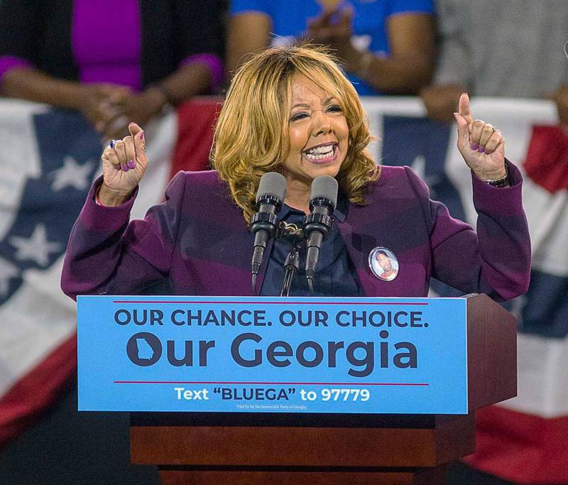 FILE - In this Nov. 2, 2018, file photo, Democrat Lucy McBath speaks during a rally for Democratic gubernatorial candidate Stacey Abrams, at Morehouse College in Atlanta. McBath, an African-American gun control advocate making her first run for public office, defeated Republican Rep. Karen Handel in Georgiaâ€™s 6th District. (Alyssa Pointer/Atlanta Journal-Constitution via AP, File)