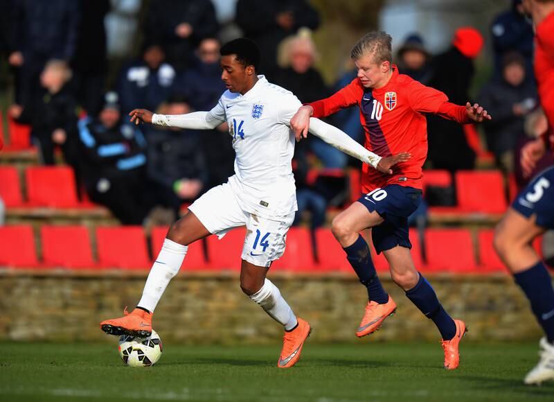 Tashan Oakley Booth of England U16 is tackled by Erling Haaland of Norway U16 during a friendly match in February, 2016. Getty
