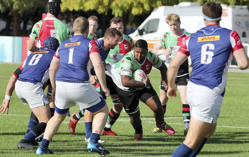 DUBAI , UNITED ARAB EMIRATES , March 29 – 2019 :- UAE Premiership final rugby match between Abu Dhabi Harlequins (green) v Jebel Ali Dragons (blue) going on at the Sevens Rugby Ground on Dubai- Al Ain road in Dubai.( Pawan Singh / The National ) For Sports/Online. Story by Paul