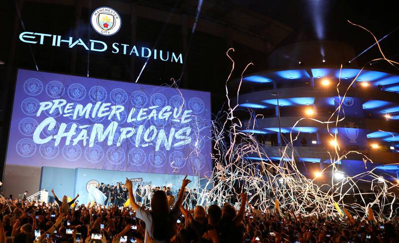 Soccer Football - Manchester City Premier League Title Celebrations - Etihad Stadium, Manchester, Britain - May 12, 2019  General view as Manchester City players celebrate winning the Premier League  REUTERS/Phil Noble