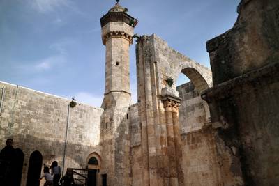 A picture taken on March 19, 2016 shows the courtyard of the Nabi Yahya Mosque (mosque of the prophet John), a former crusader cathedral built during the Byzantine era in Sabastiyah near the northwest West Bank city of Nablus. - According to tradition Sabastiyah is where Herod the Great (73-4 BC) held the beheading of John the Baptist. Sabastiyah is home to a number of important archaeological sites from six successive cultures dating back 10,000 years: Canaanite, Israelite, Hellenistic, Herodian, Roman and Byzantine. (Photo by THOMAS COEX / AFP)