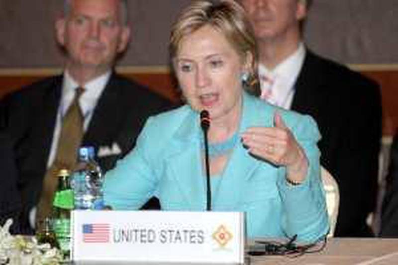 U.S. Secretary of State Hillary Clinton speaks during a meeting at the Association of Southeast Asian Nations (ASEAN) and ASEAN Regional Forum (ARF) in Phuket, Thailand, on Wednesday, July 22, 2009. The ASEAN Ministerial Meeting and Regional Forum finishes today. Photographer: Pornchai Kittiwongsakul/Pool via Bloomberg *** Local Caption ***  551286.jpg *** Local Caption ***  551286.jpg