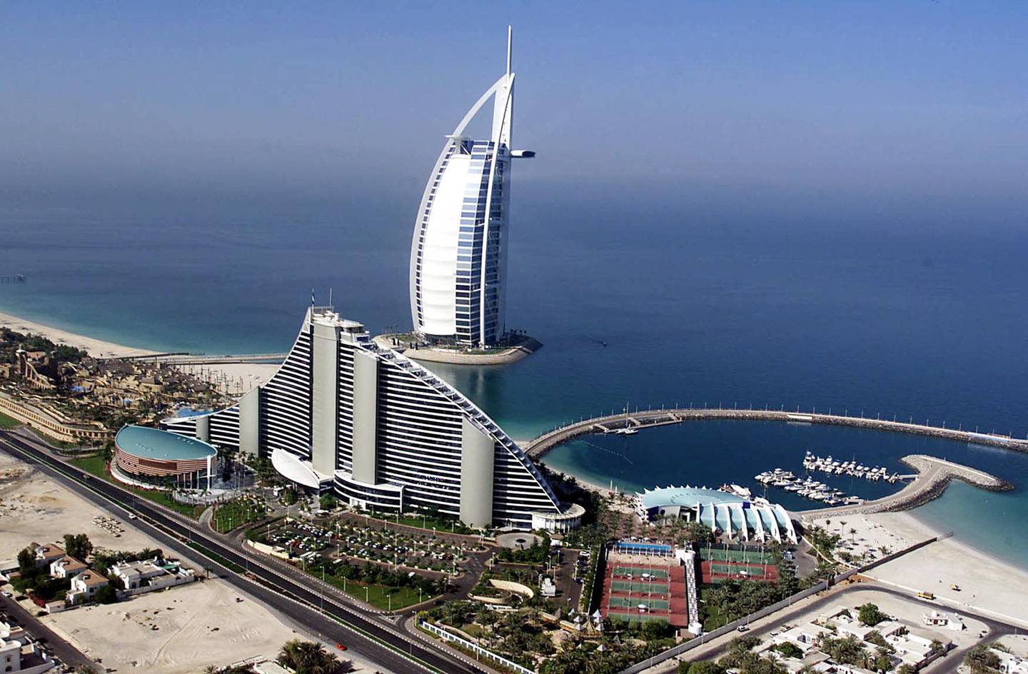 Aerial view of the luxury Burj Al Arab and Jumeirah Beach hotels in Dubai, in November 1999. AFP