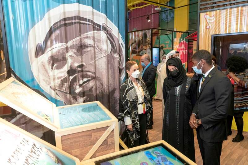 Reem Al Hashimy, Minister of State for International Co-operation and managing director for Expo 2020, and Jamaican Minister of Foreign Affairs and Foreign Trade Kamina Johnson-Smith are given a tour of the Jamaica pavilion. Expo 2020 Dubai