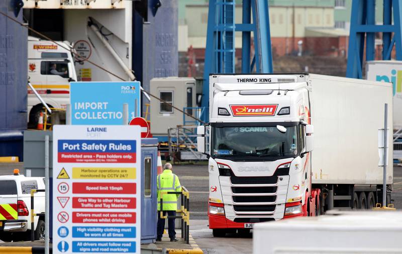 A lorry leaves Larne port near Belfast in Northern Ireland after arriving from Scotland. AFP