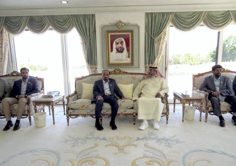 <p>Sheikh Humaid bin Rashid Al Nuaimi, Ruler of Ajman, visits President Sheikh Khalifa in his home in Evian.&nbsp;Wam&nbsp;</p>
