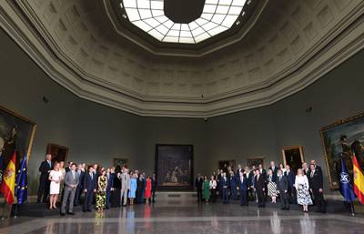 Heads of state of Nato member countries and their spouses pose for a group photo during a  visit to the Prado Museum, in Madrid. AFP