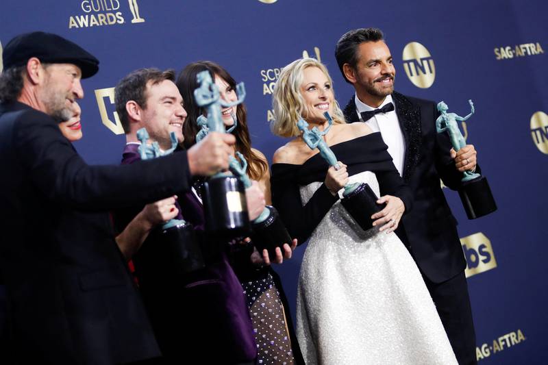 'Coda' director Sian Heder and cast members Troy Kotsur, Daniel Durant, Emilia Jones, Marlee Matlin and Eugenio Derbez backstage after winning Outstanding Performance by a Cast in a Motion Picture. Reuters