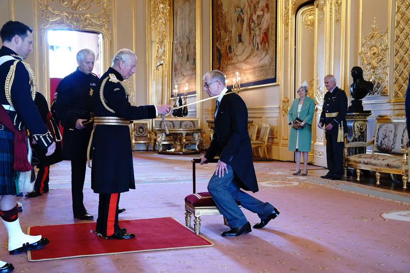 Sir Philip May, the husband of former prime minister Theresa May, is knighted in 2020 for political service by King Charles III, who was Prince of Wales at the time. PA