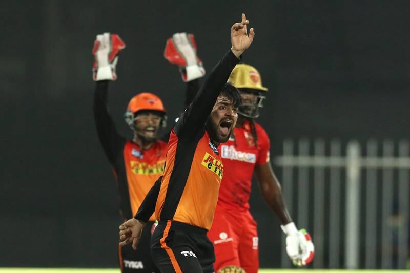 Rashid Khan of Sunrisers Hyderabad appeals for the wicket of Chris Gayle. Sportzpics for IPL