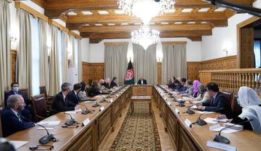 US Secretary of State Antony Blinken (9L) meets with Afghan President Ashraf Ghani (C), in Kabul on April 15. AFP