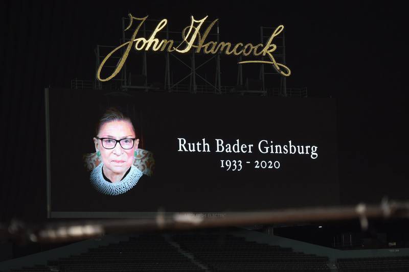 Sep 19, 2020; Boston, Massachusetts, USA;  A tribute in honor of Court Justice Ruth Bader Ginsburg who passed away on Friday September 18th is seen on the center field Jumbotron prior to a game between the Boston Red Sox and New York Yankees at Fenway Park. Mandatory Credit: Bob DeChiara-USA TODAY Sports