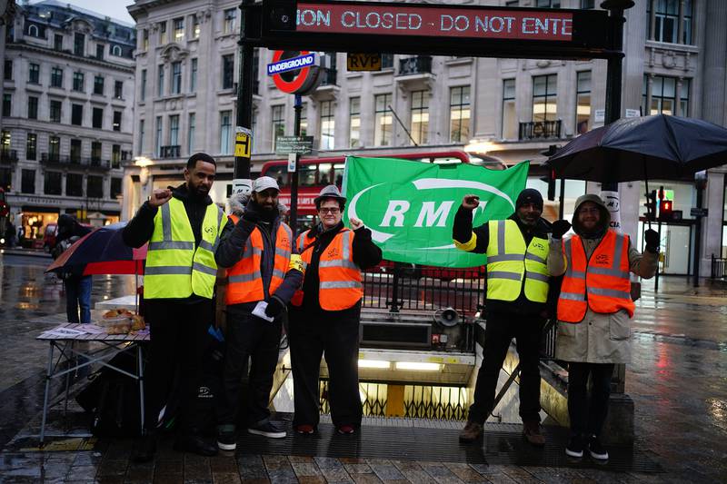 Union members on a picket line outside Oxford Street station.