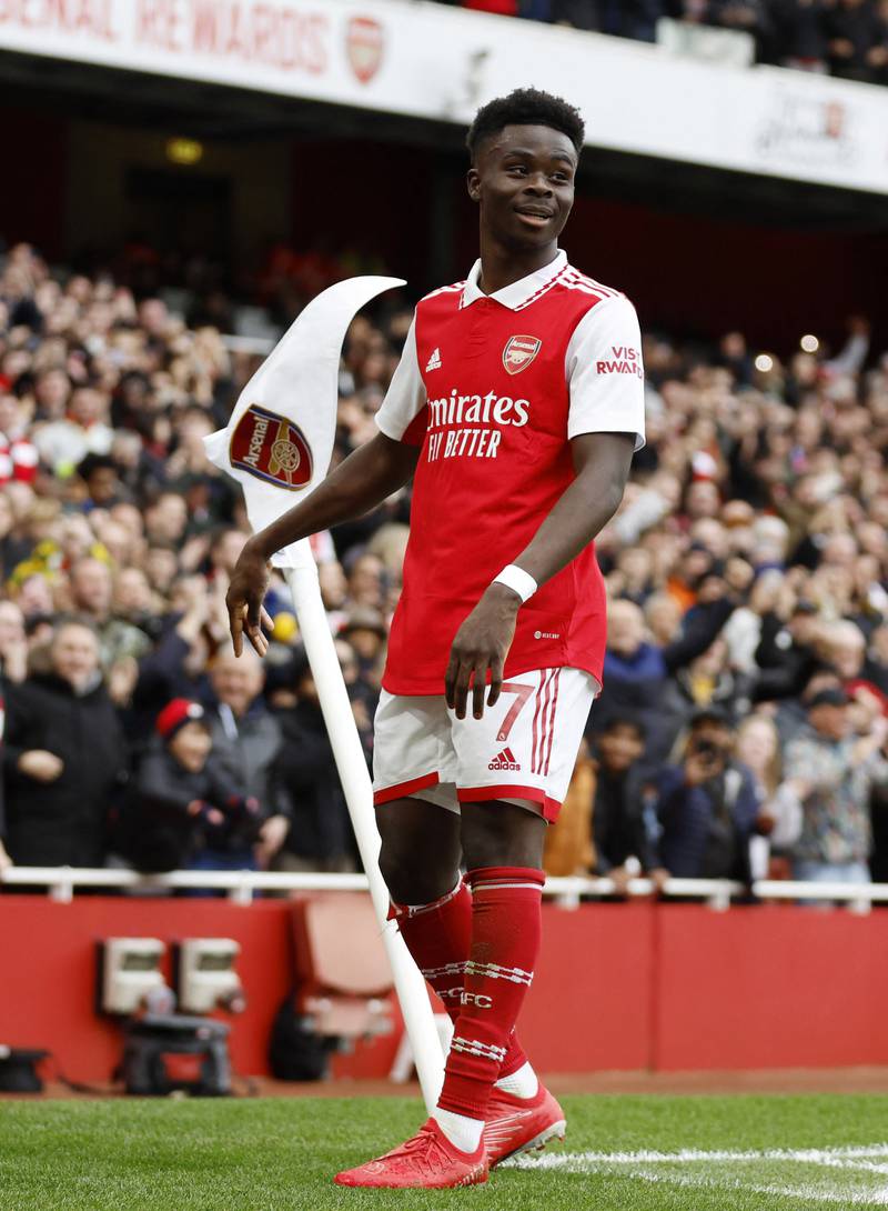 Bukayo Saka celebrates scoring Arsenal's second goal. Action Images