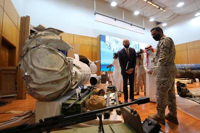 Saudi Arabia's Minister of State for Foreign Affairs Adel Al Jubeir and US Special Representative for Iran Brian Hook look at the display of the debris of ballistic missiles and weapons, which were launched towards Riyadh, according to Saudi Officials, in Riyadh, Saudi Arabia June 29, 2020. Reuters