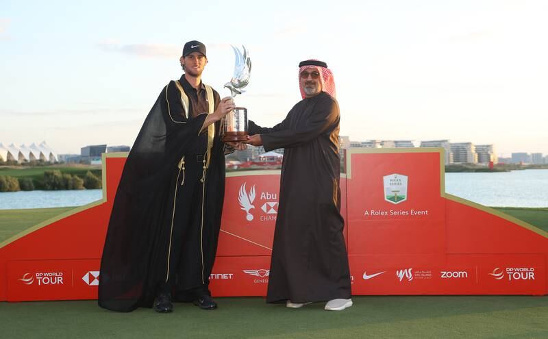 Thomas Pieters with the trophy after winning the Abu Dhabi HSBC Championship in 2022. Getty 