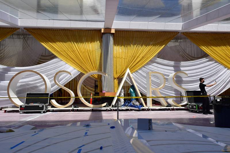 Preparations for the Oscars red carpet. AFP