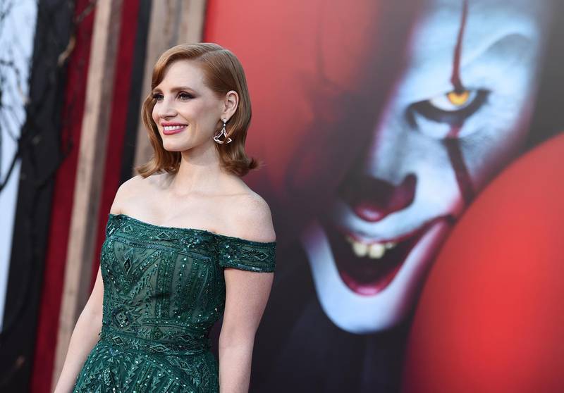 FILE - In this Monday, Aug. 26, 2019 file photo, cast member Jessica Chastain arrives at the Los Angeles premiere of "It: Chapter 2," at the Regency Village Theatre. The movie opens Thursday, Sept. 5. (Photo by Jordan Strauss/Invision/AP, File)