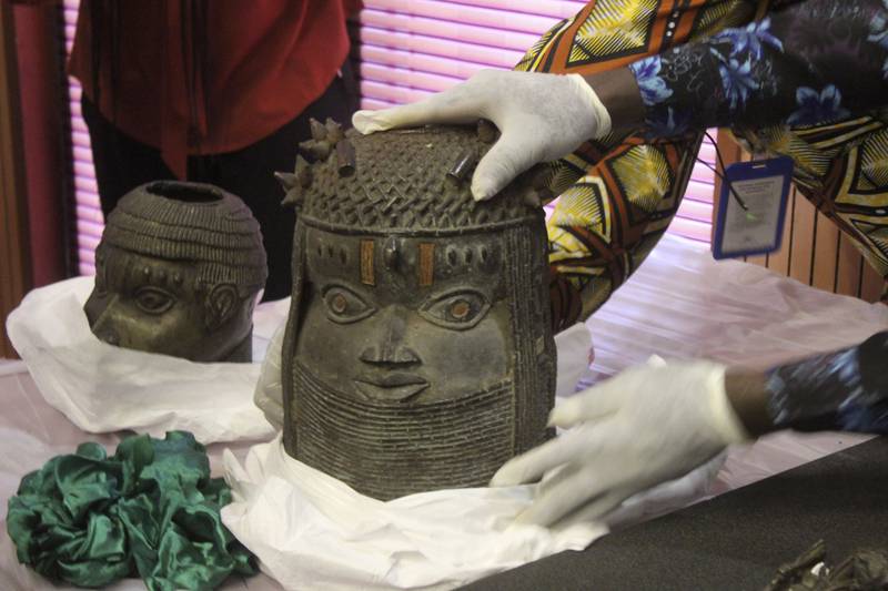 Looted Benin bronzes returned by Germany to Nigeria, at the handing over ceremony in Nigerian capital Abuja. AP