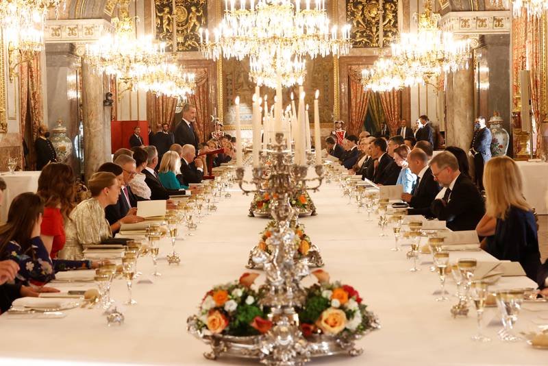 King Felipe VI of Spain addresses leaders during a dinner at the Royal Palace in Madrid. Reuters