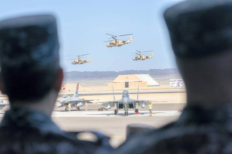 BERENICE, EGYPT - January 15, 2020: Egyptian military aircrafts perform during the opening ceremony of Berenice Military Base.

( Mohamed Al Hammadi / Ministry of Presidential Affairs )
—