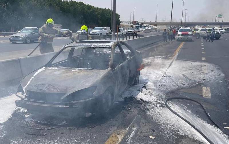 Batteries in electric vehicles are highly volatile, and if damaged can ignite. Photo: Dubai Civil Defence