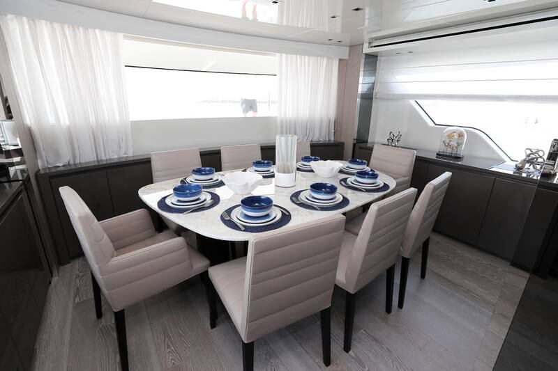 A dining area on the Sanlorenzo SX88 yacht at the Dubai International Boat Show.