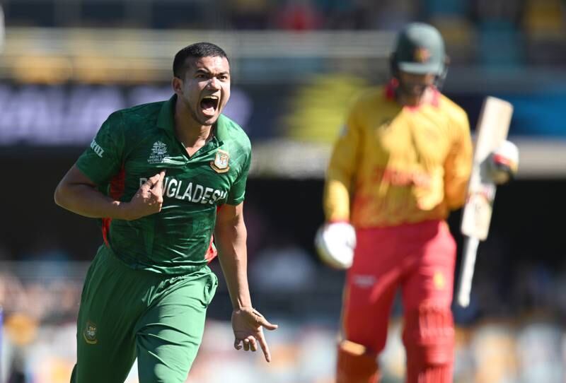 Taskin Ahmed celebrates the wicket of Craig Ervine during the T20 World Cup match between Bangladesh and Zimbabwe. EPA