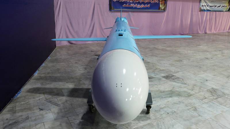 A new cruise missile named after Abu Mahdi Al Muhandis is seen in an unknown location in Iran. Wana via Reuters