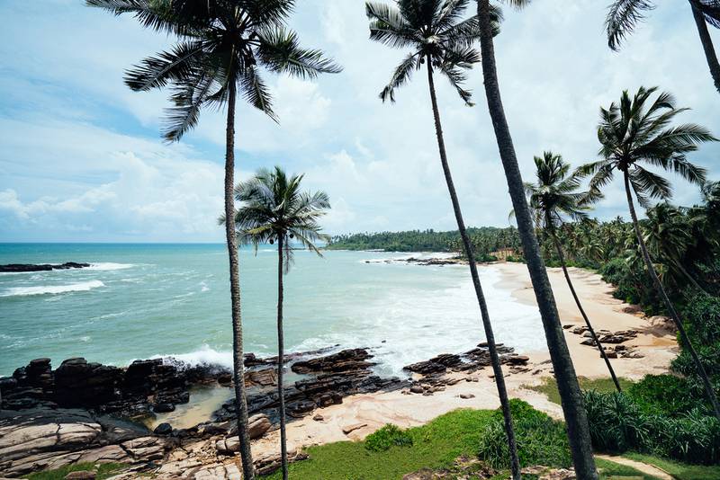 Anantara Peace Haven Tangalle Resort overlooks a palm tree-framed beach. Photo: Anantara Hotels, Resorts & Spas