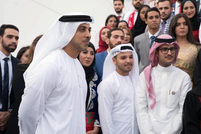 ABU DHABI, UNITED ARAB EMIRATES - September 17, 2019: HH Sheikh Mohamed bin Zayed Al Nahyan, Crown Prince of Abu Dhabi and Deputy Supreme Commander of the UAE Armed Forces (L), receives members of the Young Arab Media Leaders Programme, during a Sea Palace barza.

( Mohamed Al Hammadi / Ministry of Presidential Affairs )
---