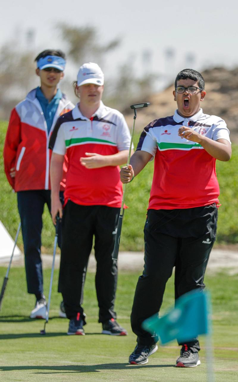 Abu Dhabi, March 19, 2019.  Special Olympics World Games Abu Dhabi 2019.  Golf at thr Yas Links.  Ali Saif Al Samaidaa (UAE) makes a good putt.Victor Besa/The National