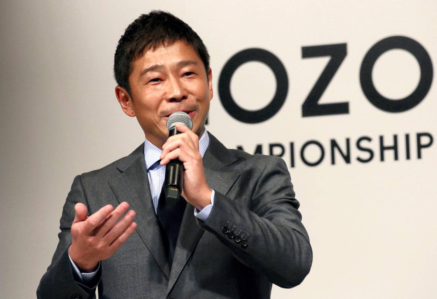 Mandatory Credit: Photo by Koji Sasahara/AP/REX/Shutterstock (9985303b)
ZOZO Inc. President Yusaku Maezawa speaks during a press conference on the PGA Tour in Tokyo, . The PGA Tour will hold its first official tournament, the Zozo Championship, in Japan. And the main sponsor of next year's event, Japanese billionaire Maezawa, is calling the tournament a kind of "moonshot" for golf in his country. Maezawa was announced earlier this year as the first commercial passenger to attempt a flyby around the moon
Golf PGA, Tokyo, Japan - 20 Nov 2018