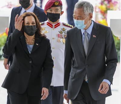 US Vice President Kamala Harris is welcomed by Singapore's Prime Minister Lee Hsien Loong at the Istana in Singapore last week. AP Photo